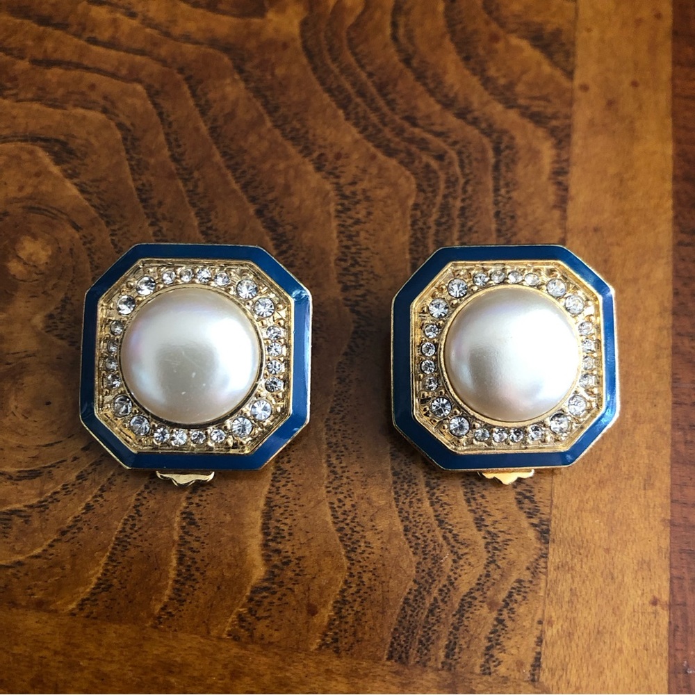 Vintage octagon blue enamel faux Pearl clip on earrings